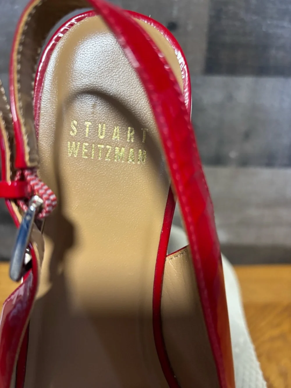 Stuart Weitzman Red Patent Peep-Toe Slingback Wedges - Picture 6 of 6